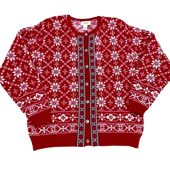 Talbots 100% wool Nordic fair isle cardigan sweater red snowflakes design size 8 - Picture 3 of 11